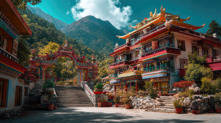 Experience the stunning beauty of a vibrant Buddhist temple set against majestic mountains and lush greenery, showcasing a serene environment perfect for reflection.の素材