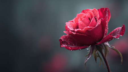 A stunning red rose adorned with dew drops stands elegantly against a soft blurred background, showcasing the delicate beauty of nature in intricate detail.の素材