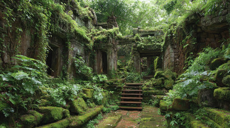 Discover the enchanting beauty of overgrown ruins, where moss-covered stones intertwine with lush vegetation, creating a tranquil and picturesque scene in nature.の素材