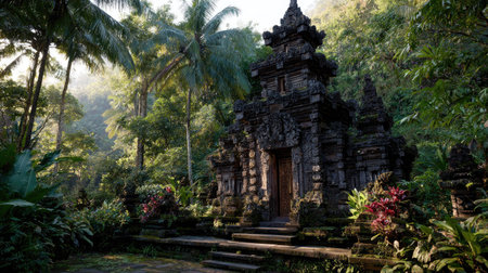 Discover an ancient stone temple nestled in a lush tropical forest, bathed in the serene light of morning. This tranquil scene captures the beauty of nature and cultural heritage.の素材