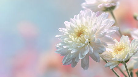 This stunning close-up image showcases elegant white chrysanthemums against a soft pastel background, embodying beauty and tranquility in nature.の素材