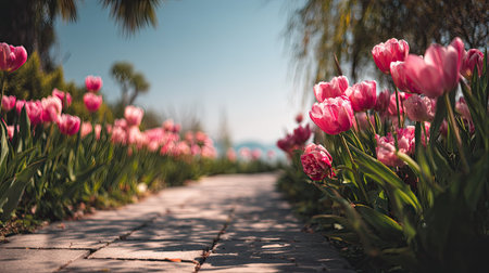 A picturesque pathway framed by vibrant pink tulips invites visitors to explore this enchanting garden. The clear blue sky enhances the colorful bloom, creating a serene atmosphere perfect for relaxation and appreciating nature.の素材
