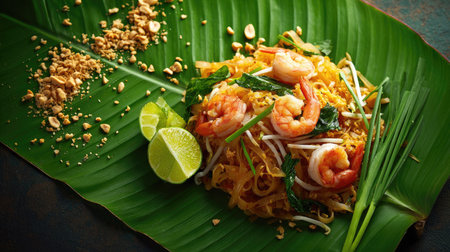 Savory shrimp stir-fry featuring noodles, fresh herbs, and vibrant ingredients, beautifully presented on a banana leaf with lime and peanuts.の素材