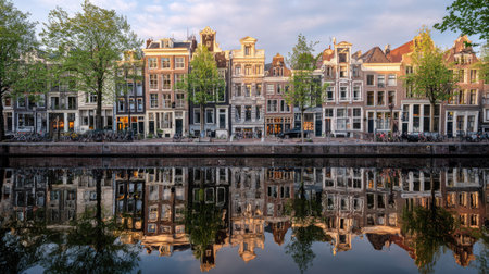 A stunning view of traditional Amsterdam houses along the canal, beautifully reflected in the calm water during golden hour, framed by vibrant trees.の素材