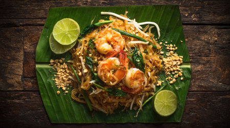 This visually stunning representation of traditional Pad Thai features shrimp, noodles, and fresh ingredients beautifully arranged on a banana leaf, garnished with lime and peanuts.の素材