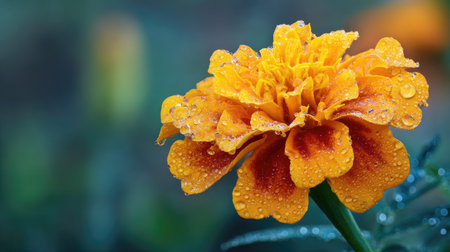 A close-up view of a stunning orange marigold flower, adorned with glistening water droplets, showcases the beauty of nature in vibrant colors.の素材