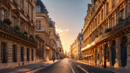 Experience a tranquil morning in Paris as the sun rises, illuminating historic buildings and creating a serene street scene perfect for exploration.の素材