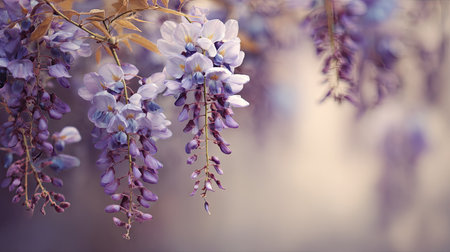 Capture the serene beauty of delicate wisteria blooms, showcasing their soft purple tones in a gentle, blossoming background, perfect for nature-themed projects.の素材