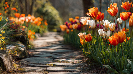 A stunning pathway lined with vibrant tulips in shades of orange and white, nestled in a blooming spring garden. The natural stone walkway invites tranquility and beauty, perfect for nature lovers.の素材