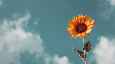 A stunning sunflower stands tall against a bright blue sky adorned with fluffy white clouds, evoking feelings of warmth, beauty, and tranquility in nature.の素材