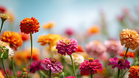 A stunning display of vibrant flowers in a garden setting, featuring various colors and sizes against a soft blue sky, creating a cheerful atmosphere.の素材