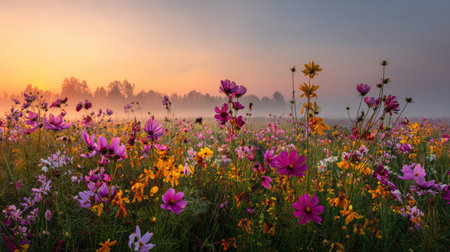 A stunning landscape captures a vibrant field of wildflowers in full bloom, basking under a soft sunrise glow, showcasing nature's beauty and tranquility.の素材