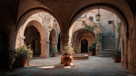 A serene courtyard in an ancient village showcasing stunning arches, stone walls, potted plants, and a calm atmosphere, perfect for travel and exploration.の素材