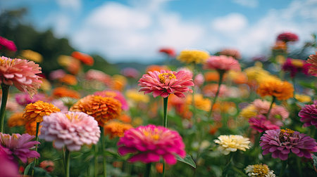 A stunning display of colorful zinnia flowers flourishing in a vibrant garden under a clear blue sky. This beautiful scene captures the essence of natureの素材