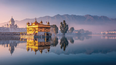 The breathtaking Golden Temple mirrors in the tranquil waters during sunrise, surrounded by majestic mountains, creating a scene of peace and harmony.の素材