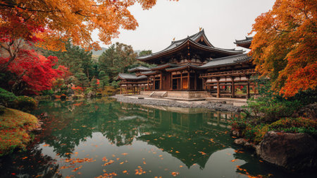 Discover a picturesque scene of a traditional Japanese building surrounded by brilliant autumn colors and a tranquil pond, reflecting natureの素材