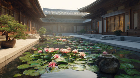 A stunning view of a tranquil garden featuring blooming lotus flowers amidst a serene pond. The traditional architecture enhances the peaceful atmosphere, promoting relaxation.の素材
