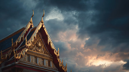 Witness the beauty of traditional Thai architecture with intricate golden details framed by a dramatic cloudy sky at dusk, creating a serene atmosphere.の素材