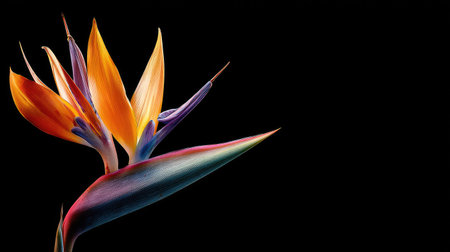 A captivating close-up of a bird of paradise flower showcasing its vibrant colors and intricate petals against a sleek black background, ideal for decorative use.の素材
