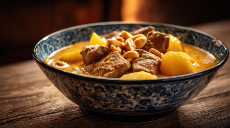 A visually appealing bowl of meat curry featuring tender potatoes and crunchy peanuts, perfect for a cozy meal and showcasing rich flavors and textures.の素材