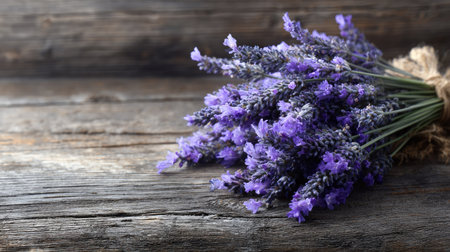 A vibrant lavender bouquet arranged on a weathered wooden surface, capturing the essence of nature's beauty. Perfect for relaxation and decor.の素材