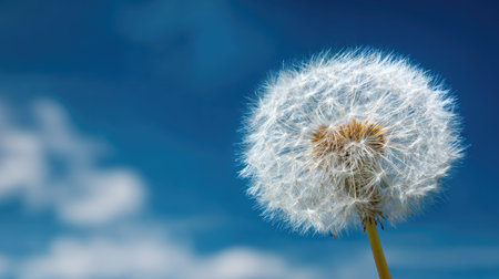 A captivating close-up of a dandelion seed head set against a bright blue sky. The delicate details inspire feelings of tranquility and natural beauty.の素材