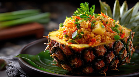 Discover a vibrant tropical dish featuring rice cooked with fresh vegetables and served in a pineapple bowl, garnished with herbs for a healthy meal.の素材