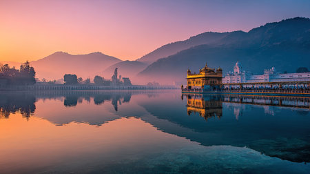 A breathtaking view of the Golden Temple at sunrise, surrounded by misty mountains and tranquil waters. The serene atmosphere invites reflection and spirituality.の素材