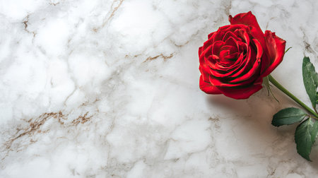 A beautiful single red rose rests elegantly on a white marble background, creating a perfect blend of nature and sophistication, ideal for romantic themes.の素材