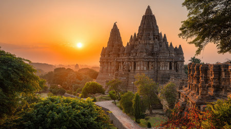 A stunning view of an ancient temple silhouetted against a vibrant sunrise, surrounded by lush greenery and soft landscape. Perfect for travel or cultural themes.の素材