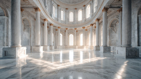 This stunning image captures the elegant interior of a grand hall featuring tall marble columns and warm sunlight illuminating the space.の素材