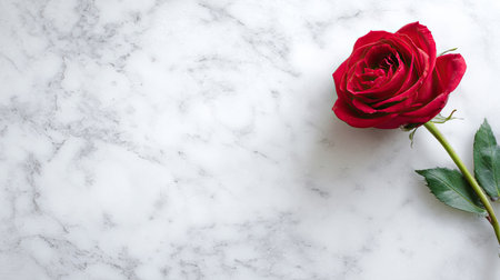 A stunning red rose rests elegantly on a smooth white marble surface, creating a romantic atmosphere suitable for various themes and decorations.の素材
