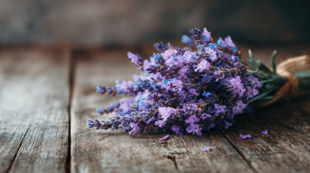 A beautiful bouquet of fresh lavender flowers gently laid on a rustic wooden table, showcasing vibrant purple hues and a serene atmosphere. Perfect for evoking calm and beauty in any setting.の素材