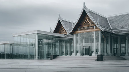 A beautiful fusion of modern glass design and traditional architectural elements creates a stunning visual in this urban landscape.の素材