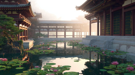 Experience the tranquil beauty of traditional Asian architecture by a serene pond adorned with lotus flowers, illuminated by gentle morning light.の素材