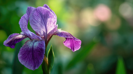 A stunning close-up of a purple iris flower, showcasing delicate petals against a soft green background, highlighting the beauty of nature in full bloom.の素材