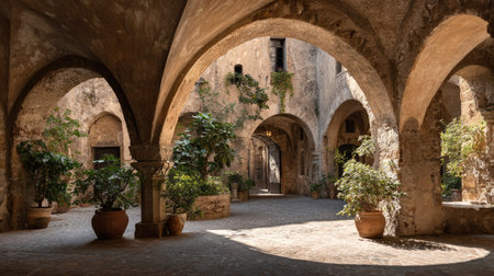 Explore a tranquil historic courtyard featuring stunning arches, aged stone walls, and vibrant plants, perfect for a travel destination or serene scene.の素材