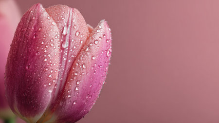 This close-up image captures a delicate pink tulip petal adorned with dew drops, set against a soft pink background, perfect for floral and nature themes.の素材