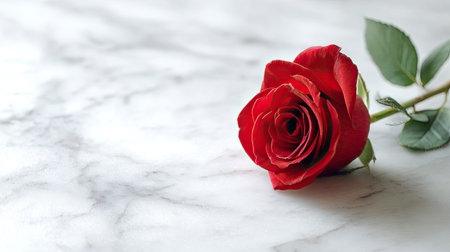 A stunning single red rose rests on a white marble surface, showcasing vibrant petals and lush green leaves, perfect for romantic visuals or elegant dの素材