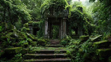 Discover the beauty of an ancient temple, embraced by dense jungle and vibrant greenery. This serene and mysterious setting invites exploration and adventure.の素材