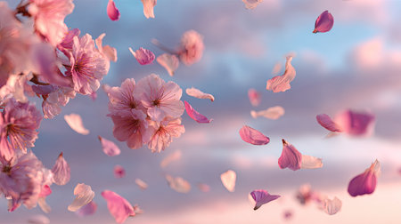 Experience the ethereal beauty of cherry blossom petals gracefully floating against a dreamy pastel sky. Perfect for spring-themed projects and nature-inspired designs.の素材