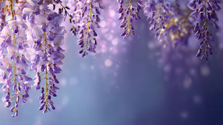 Beautiful display of delicate purple wisteria blossoms cascading down against a soft, dreamy purple background with a gentle bokeh effect.の素材