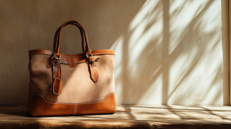 A stylish canvas tote bag with leather accents rests on a rustic wooden surface, illuminated by natural light, creating a serene and elegant atmosphere.の素材