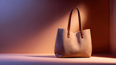 A stylish and elegant tote bag with leather handles is prominently displayed in a softly lit environment, highlighting its minimalist design and chic aesthetic.の素材