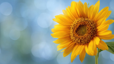 A stunning sunflower showcasing its vibrant yellow petals against a soft blue bokeh background, perfect for nature lovers and floral enthusiasts.の素材