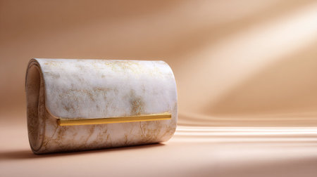 A pristine white clutch featuring a striking gold accent rests elegantly on a soft beige surface, highlighting the blend of modern design and luxurious style.の素材