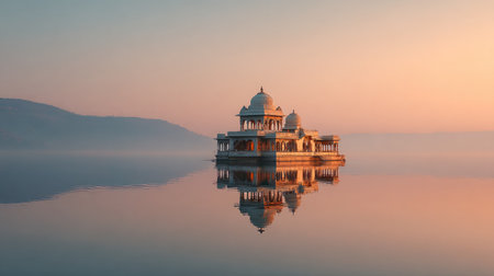 A stunning image showcasing a majestic palace reflecting in the still water during sunrise, surrounded by soft morning light and serene landscapes.の素材