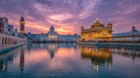 A stunning view of the Golden Temple complex at dusk, showcasing vibrant colors in the sky reflecting off the tranquil water, creating a serene atmosphere.の素材