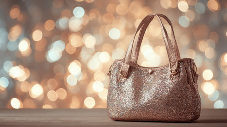 An elegant shimmering handbag adorned with golden glitter creates a stunning focal point against a softly blurred bokeh background, perfect for fashion-themed designs.の素材