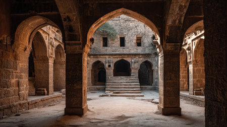 This image captures an ancient courtyard featuring stone arches and rich history. The soft light enhances the textures and details of the ruins.の素材